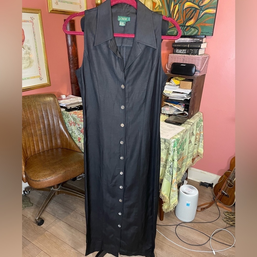 Vintage 90s J. Crew Black Linen Blend Button Down Collar Maxi Dress Size 4 - Picture 6 of 7
